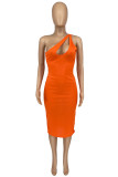 Orange Fashion Sexy Solid Hollowed Out One Shoulder Sleeveless Dress