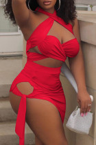 Red Fashion Sexy Solid Hollowed Out Halter Sleeveless Two Pieces