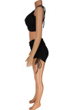 Pink Casual Solid Patchwork Fold Spaghetti Strap Sleeveless Two Pieces