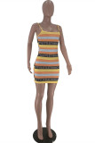 Yellow Sexy Casual Letter Striped Print Backless Spaghetti Strap Sleeveless Dress