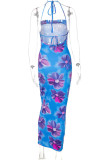 Blue Sexy Print Split Joint Frenulum Backless Halter Pencil Skirt Dresses