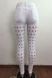 White Sexy Solid Hollowed Out Mid Waist Skinny Denim Jeans