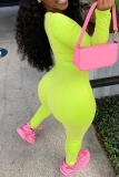 Fluorescent Green Sexy Solid Hollowed Out V Neck Skinny Jumpsuits