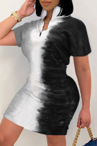 Black Gray Fashion Casual Print Basic Zipper Collar Short Sleeve Dress Dresses