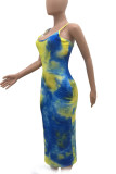 Red Sexy Print Tie Dye Patchwork Spaghetti Strap Pencil Skirt Dresses