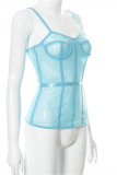 Blue Fashion Sexy Solid See-through Backless Spaghetti Strap Tops