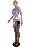 Purple Fashion Casual Print Basic Turtleneck Short Sleeve Dress