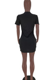Black Sexy Casual Solid Patchwork Zipper Collar Short Sleeve Dress