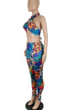 Turquoise Sexy Print Bandage Patchwork Halter Sleeveless Two Pieces
