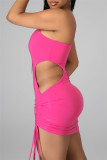 Pink Fashion Sexy Solid Hollowed Out Backless Spaghetti Strap Sleeveless Dress