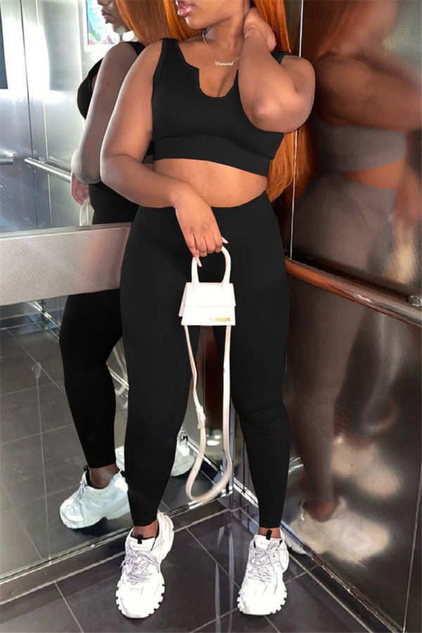 Black Casual Sportswear Solid Backless U Neck Two Pieces