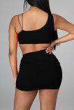 Black Sexy Solid Split Joint Draw String Asymmetrical One Shoulder Two Pieces