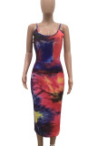Red Sexy Print Tie Dye Patchwork Spaghetti Strap Pencil Skirt Dresses