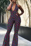 Multi-color Sexy Print Polka Dot Bandage Patchwork Backless Halter Boot Cut Jumpsuits