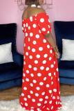 Red Fashion Casual Dot Print Backless Off the Shoulder Short Sleeve Dress