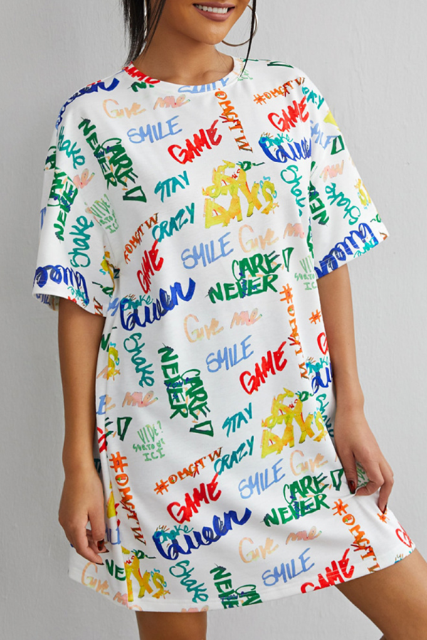 White Casual Print Patchwork O Neck Straight Dresses