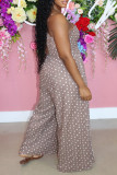 Apricot Fashion Sexy Dot Print Backless Spaghetti Strap Regular Jumpsuits