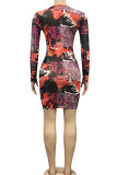 Brown Sexy Print Bandage Hollowed Out Patchwork O Neck Pencil Skirt Dresses