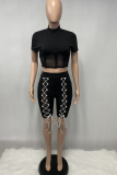 Blue Sexy Solid Mesh Half A Turtleneck Short Sleeve Two Pieces