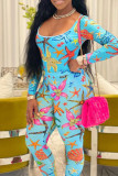 Light Blue Fashion Print Basic O Neck Long Sleeve Two Pieces