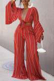Red Casual Striped Print Bandage Split Joint V Neck Long Sleeve Two Pieces