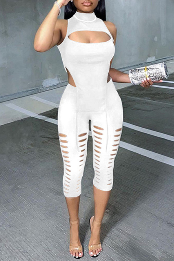 White Fashion Sexy Solid Hollowed Out Asymmetrical Turtleneck Sleeveless Two Pieces