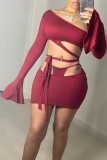 Burgundy Sexy Solid Hollowed Out Oblique Collar Long Sleeve Two Pieces