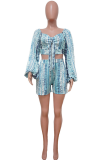 Blue Sexy Print Patchwork Square Collar Long Sleeve Two Pieces