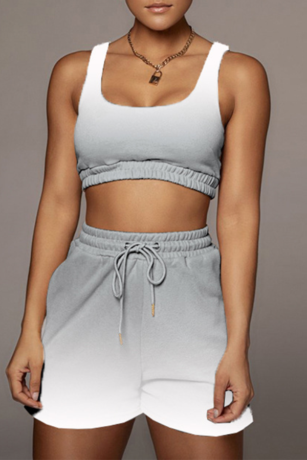 Grey Sportswear Gradual Change Patchwork U Neck Sleeveless Two Pieces