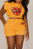 Fluorescent Color Casual Print Patchwork O Neck Short Sleeve Two Pieces