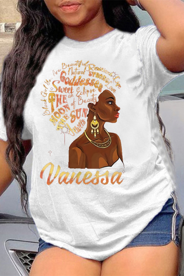 White Fashion Casual Print Basic O Neck T-Shirts