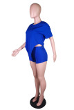 Blue Fashion Casual Solid Asymmetrical O Neck Short Sleeve Two Pieces