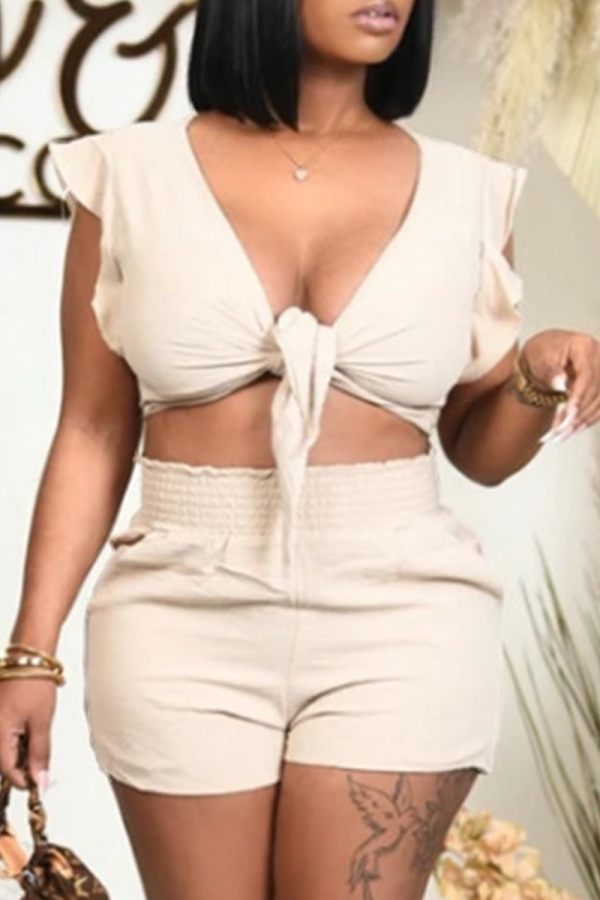 Cream White Sexy Solid Flounce V Neck Sleeveless Two Pieces