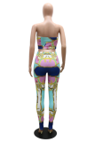 Yellow Sexy Print Strapless Skinny Jumpsuits