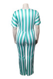 Green Fashion Casual Striped Print Basic V Neck Regular Jumpsuits