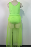 Green Sexy Solid Hot Drill Halter Cake Skirt Plus Size Two Pieces