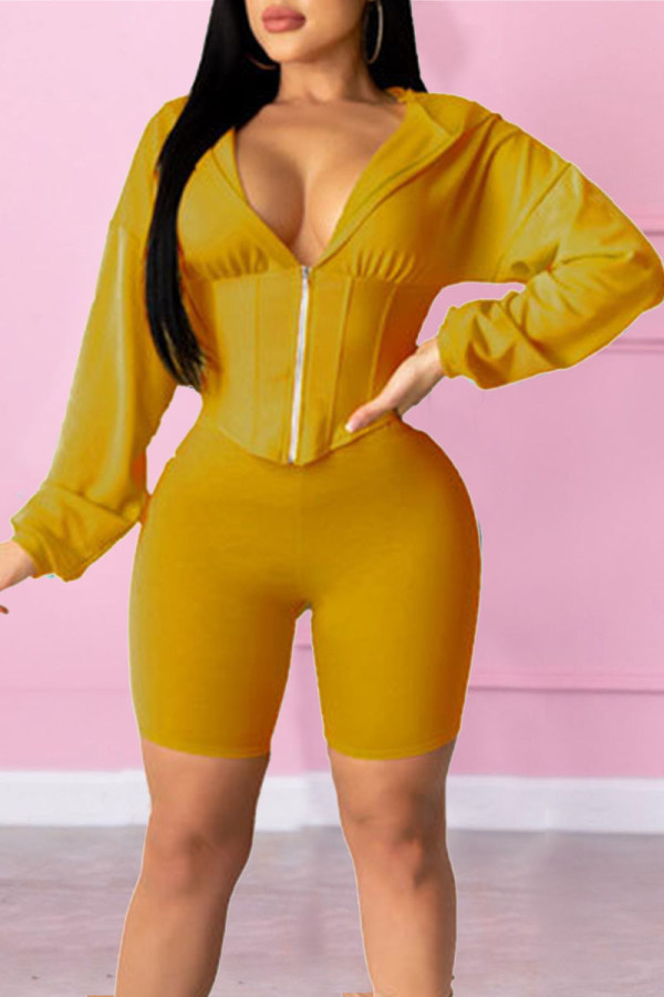 Ginger Casual Solid Patchwork Hooded Collar Long Sleeve Two Pieces