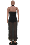 Black Sexy Solid Mesh Halter Irregular Dress Dresses