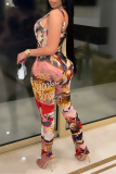 Red Sexy Print Patchwork Spaghetti Strap Skinny Jumpsuits