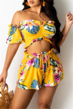 Yellow Fashion Casual Print Backless Off the Shoulder Short Sleeve Two Pieces