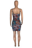 Light Blue Fashion Sexy Print Backless Fold Spaghetti Strap Sleeveless Dress