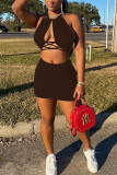 Red Sexy Solid Hollowed Out Draw String Frenulum Halter Sleeveless Two Pieces
