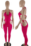 Rose Red Sexy Solid Hollowed Out Patchwork Frenulum Backless Halter Skinny Jumpsuits