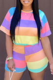 Colour Casual Striped Patchwork O Neck Short Sleeve Two Pieces