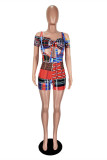 Red Sexy Casual Plaid Print Hollowed Out Backless Off the Shoulder Short Sleeve Two Pieces