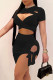 Black Sexy Solid Hollowed Out Asymmetrical With Bow O Neck Short Sleeve Two Pieces