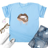 Green Fashion Casual Lips Printed Basic O Neck Tops
