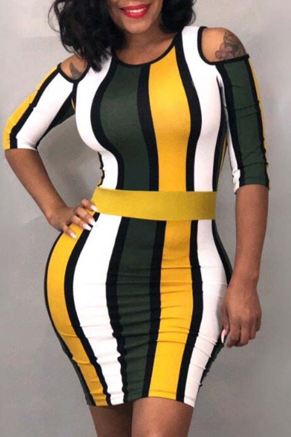 Yellow Sexy Striped Patchwork O Neck Pencil Skirt Dresses