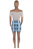 Blue White Sexy Casual Plaid Print Backless Off the Shoulder Short Sleeve Two Pieces