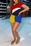 Red Casual Color Block Patchwork O Neck Short Sleeve Two Pieces